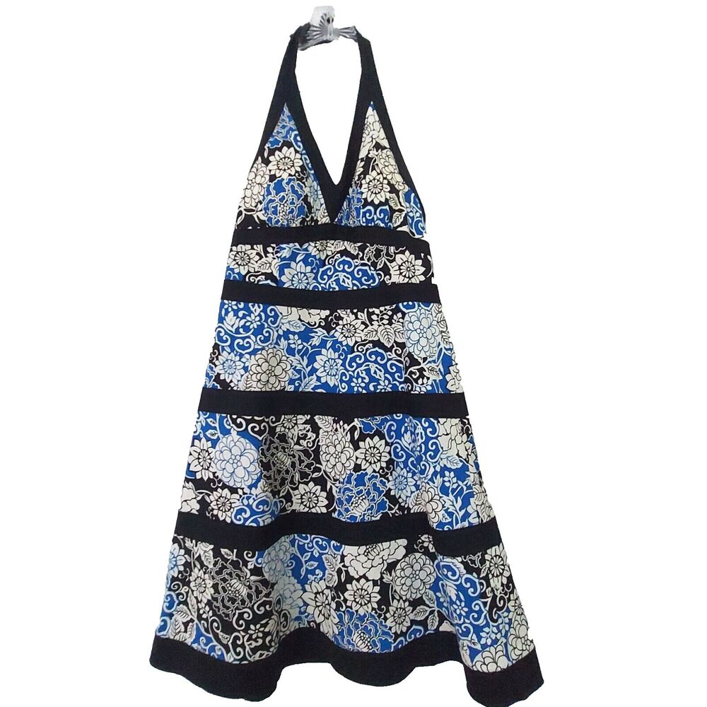 Kim Rogers Dress 6P Sundress Petite Fit Flare Halter Blue White Cotton